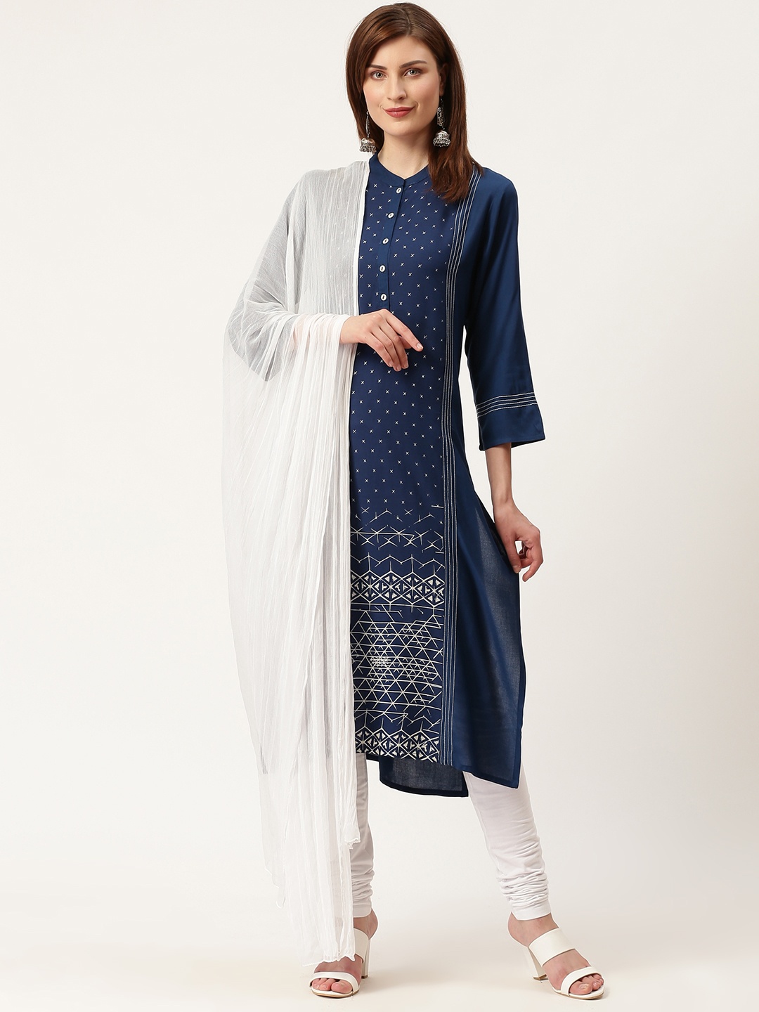

IMARA Women Navy Blue & White Printed Kurta with Churidar & Dupatta