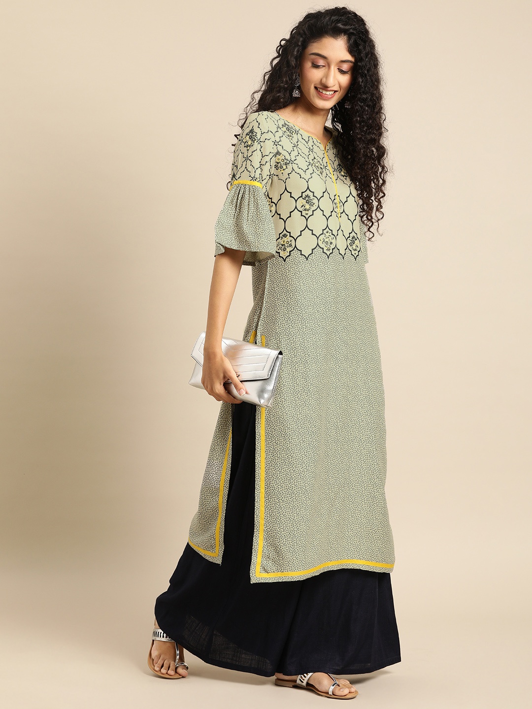 

IMARA Women Grey & Black Printed Liva Straight Kurta