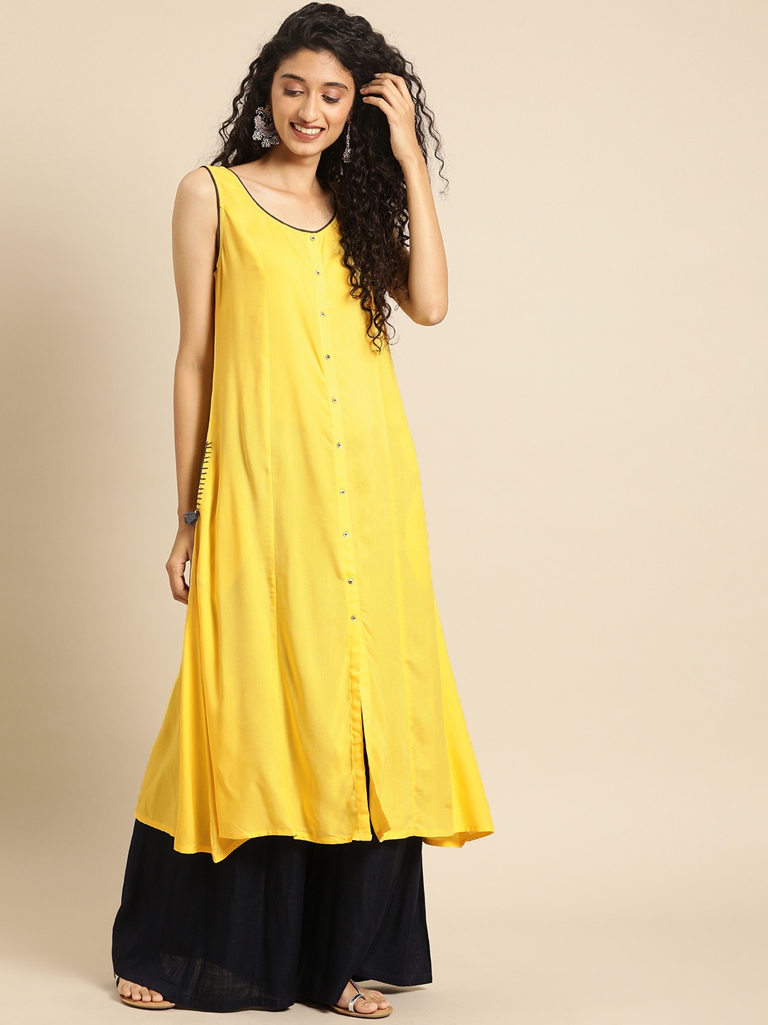 

IMARA Women Yellow Solid Liva A-Line Kurta With Pockets