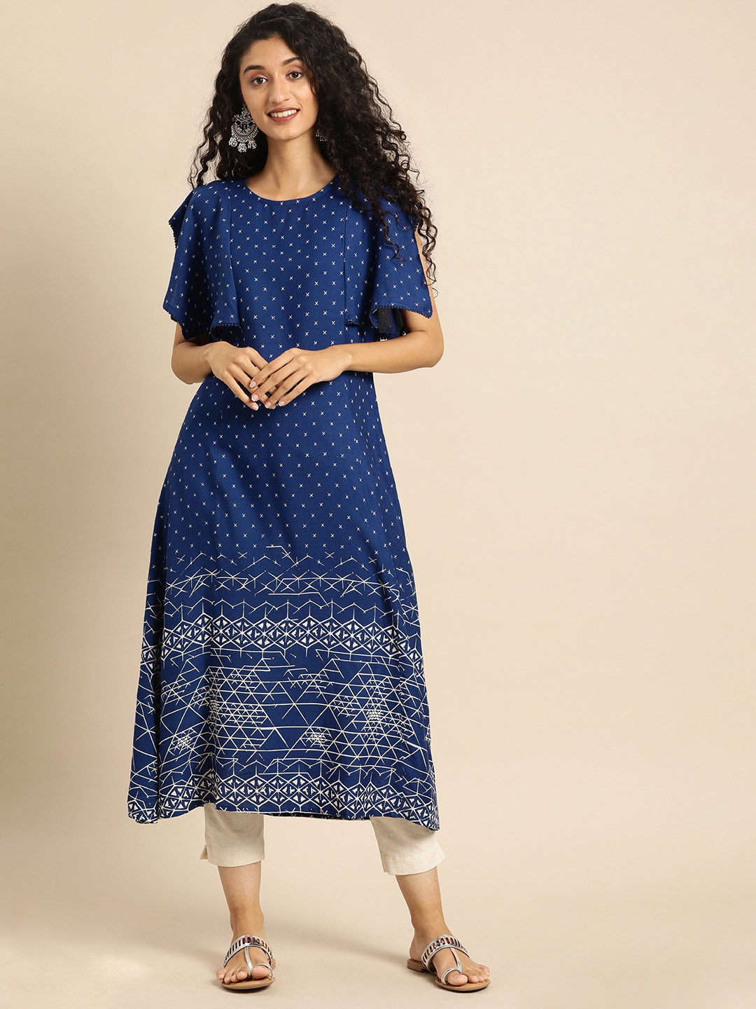 

IMARA Women Blue & White Printed Liva A-Line Kurta