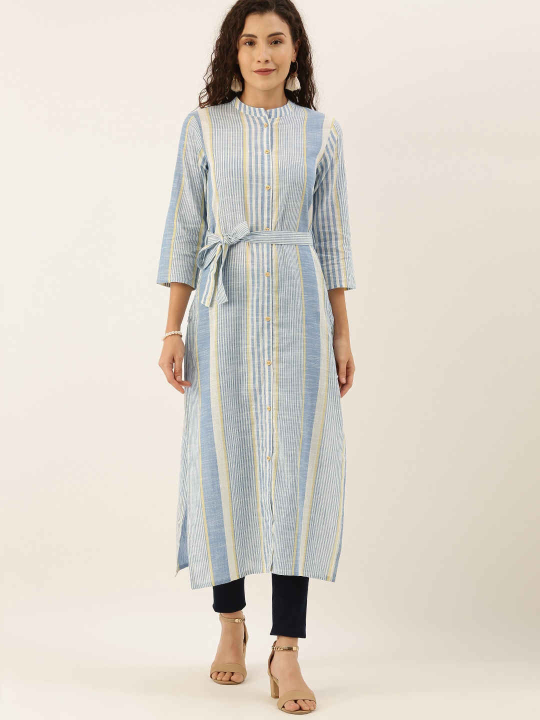 

IMARA Women White & Blue Striped Straight Kurta with Belt