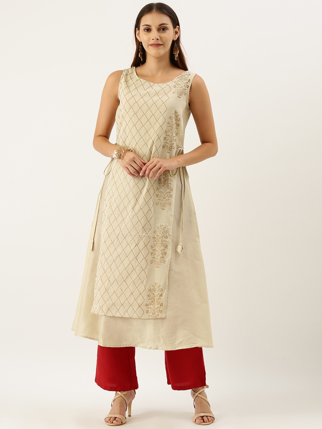 

IMARA Women Off-White & Beige Printed A-Line Layered Kurta