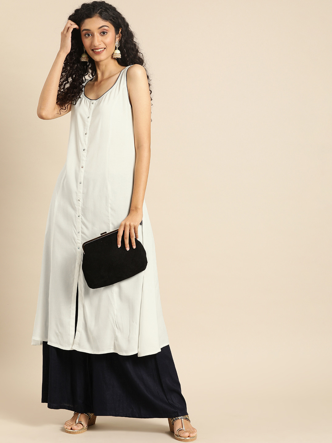 

IMARA Women Off-White Solid Liva A-Line Kurta With Pockets