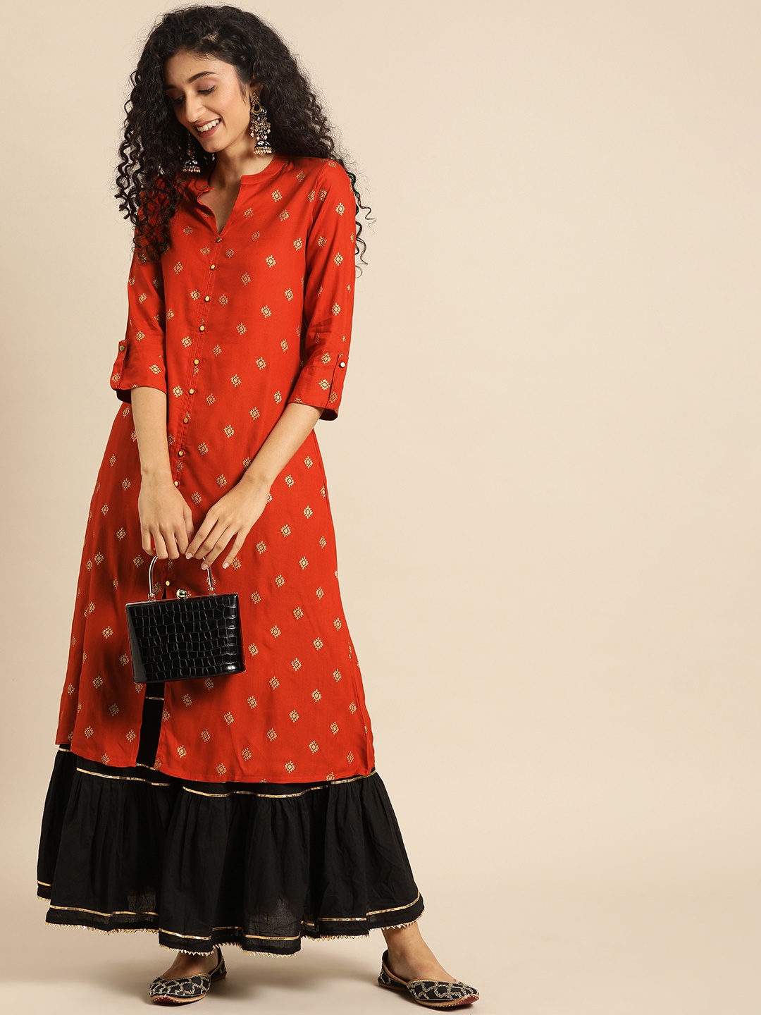 

IMARA Women Orange & Gold-Toned Foil Printed Liva A-Line Kurta