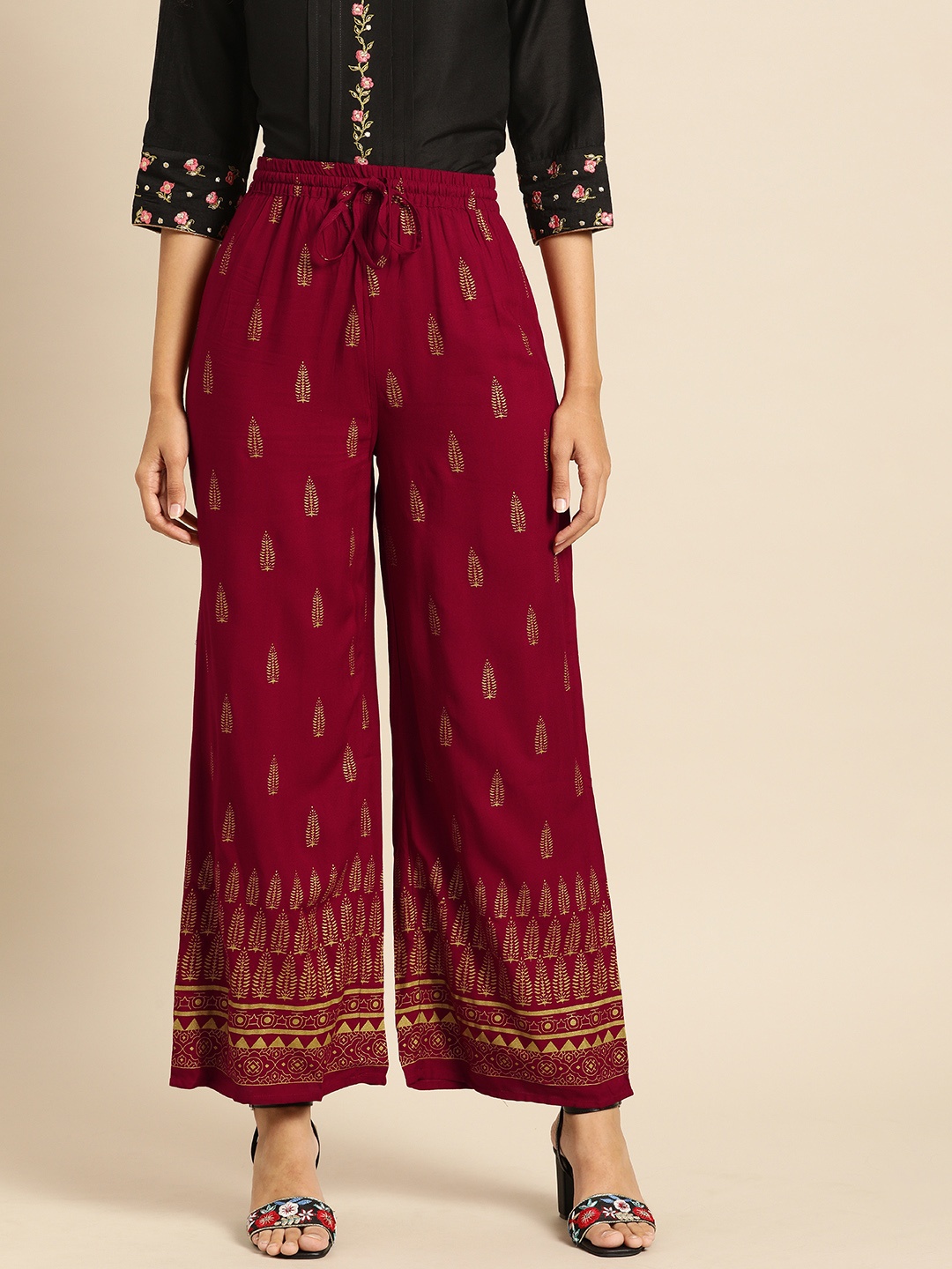 

IMARA Women Maroon & Golden Printed Straight Palazzos