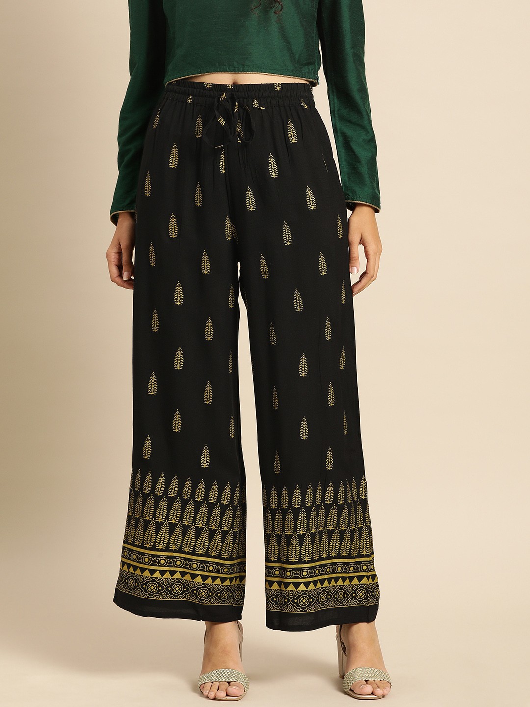 

IMARA Women Black & Yellow Printed Straight Palazzos
