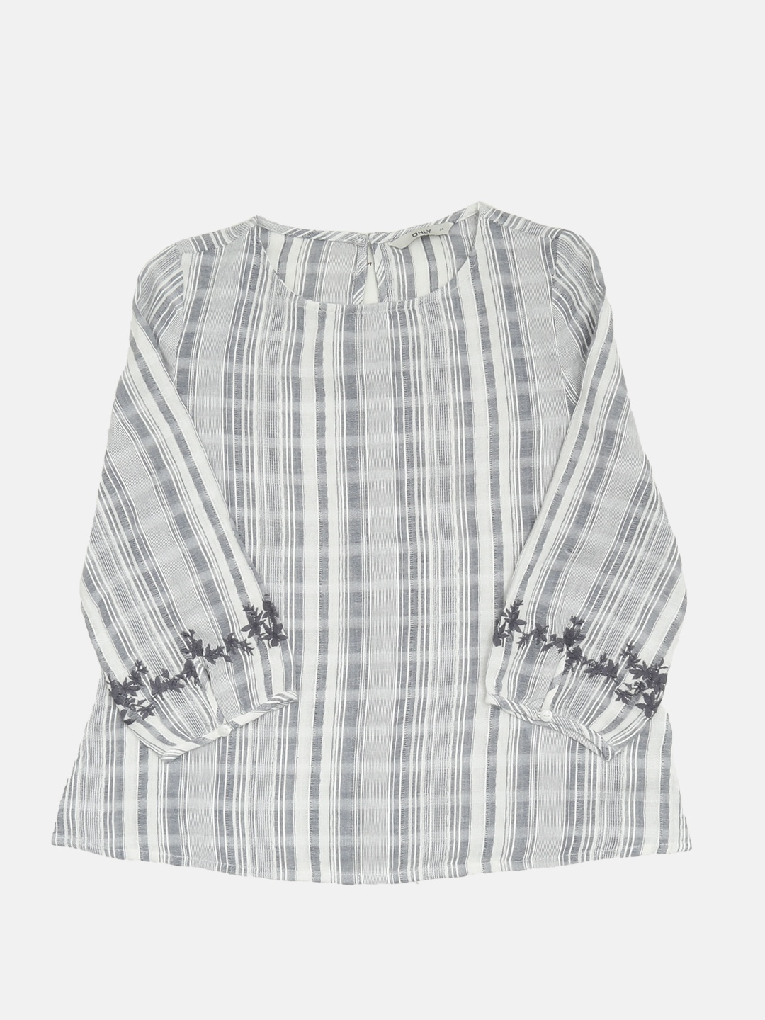 

ONLY Women White & Grey Checked Pure Cotton Top with Embroidered Detail Sleeves