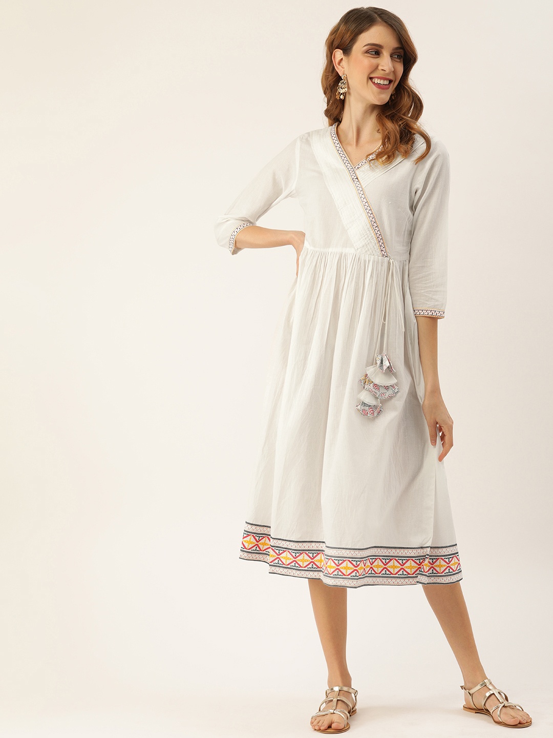 

IMARA Women White Solid Fit and Flare Dress with Print & Tie-Up Detail