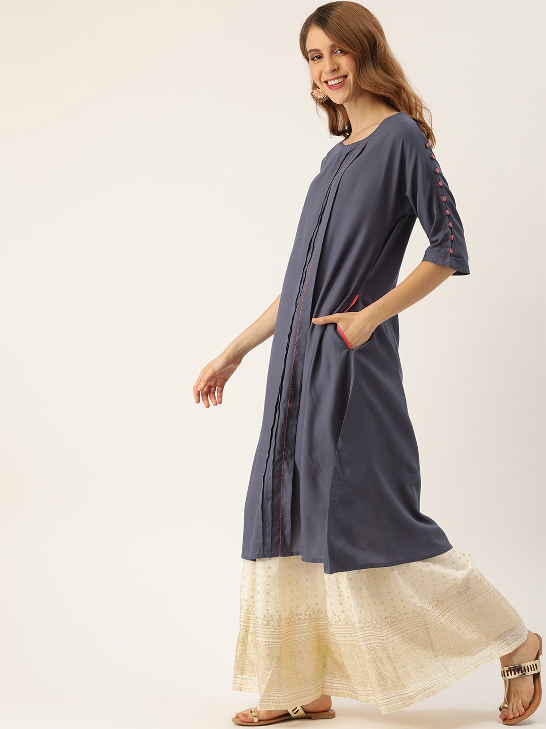 

IMARA Women Grey Solid A-Line Kurta with Button Detailed Sleeves