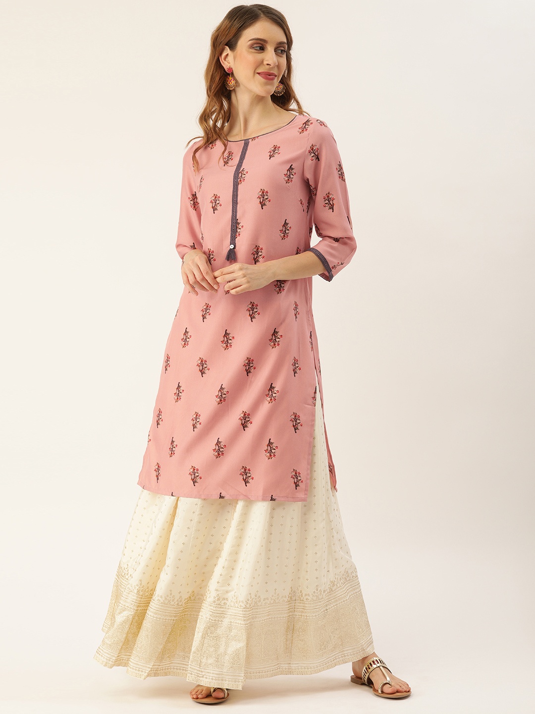 

IMARA Women Pink & Black Printed Straight Kurta with Lace Inserts