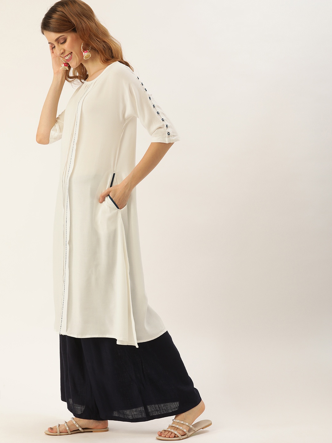 

IMARA Women White Solid A-Line Kurta with Button Detailed Sleeves