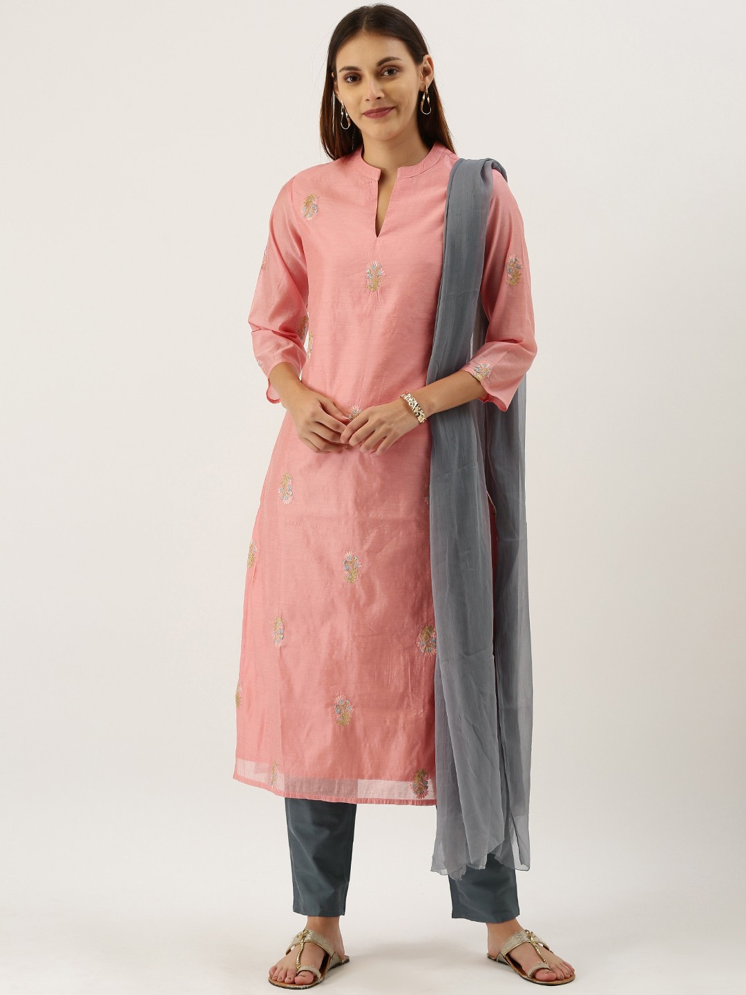 

IMARA Women Pink and Grey Embroidered Kurta Set