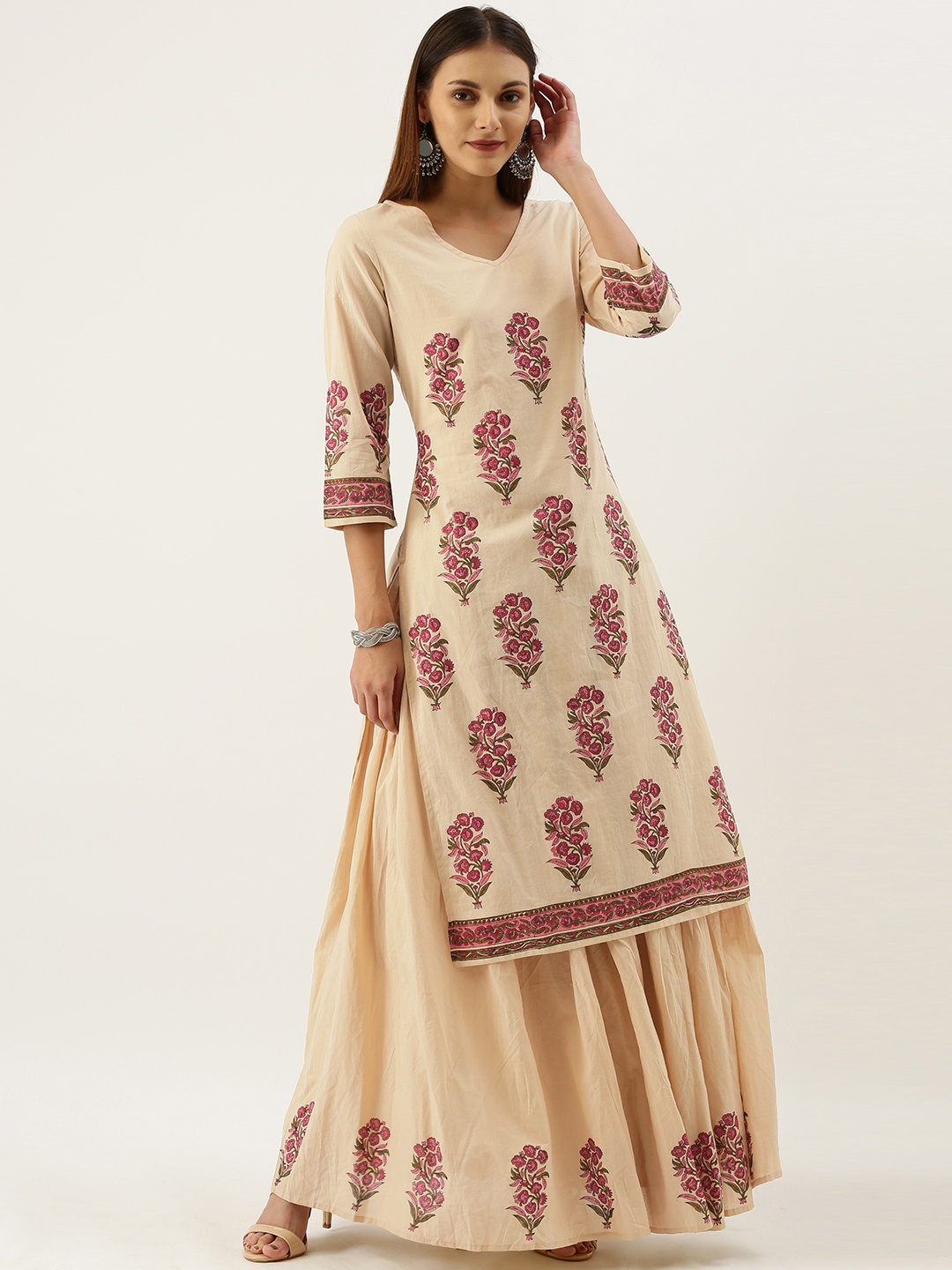 

IMARA Women Cream-Coloured & Pink Printed Kurta with Skirt