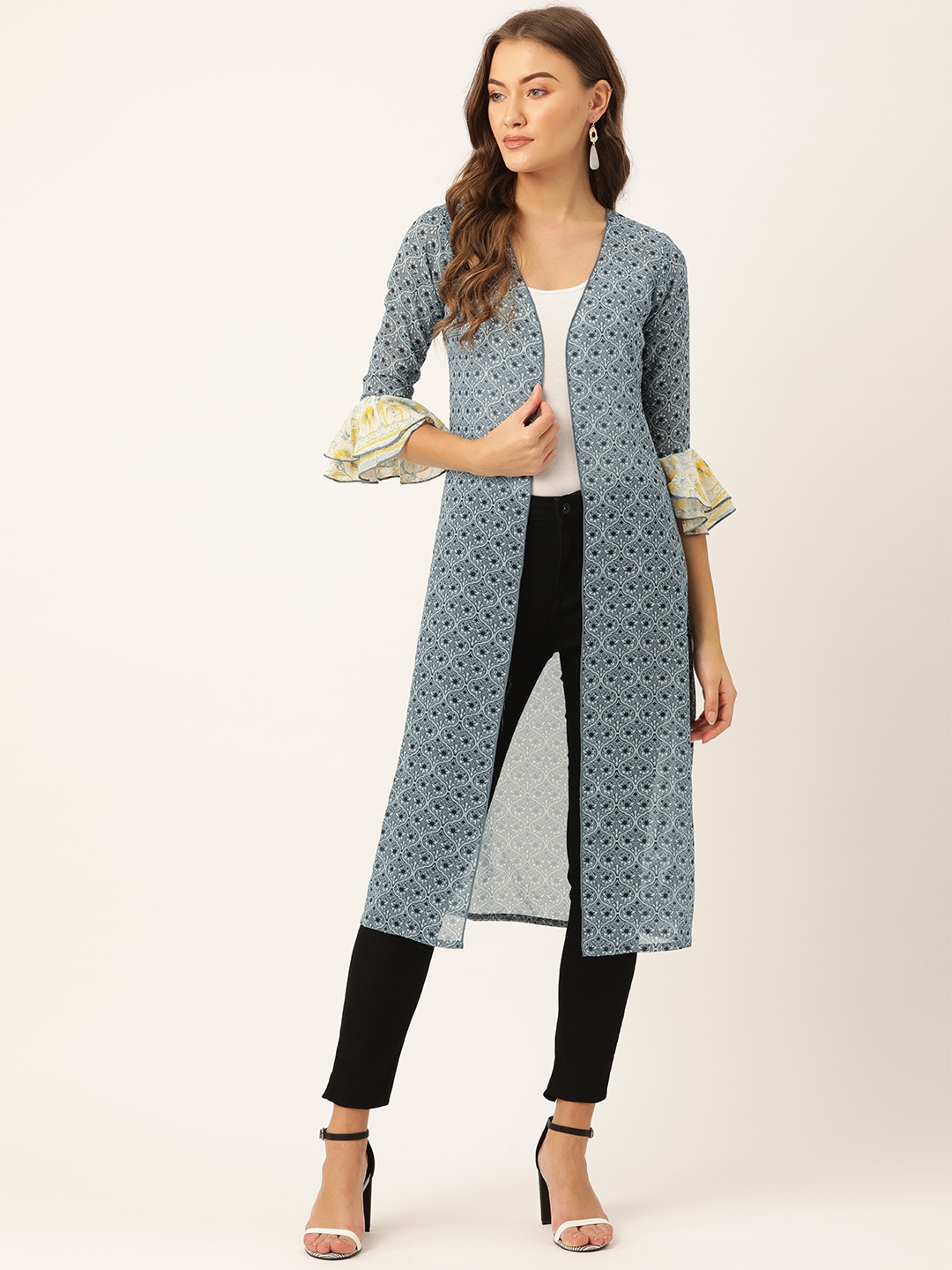 

WISSTLER Women Blue & White Printed Open Front Shrug