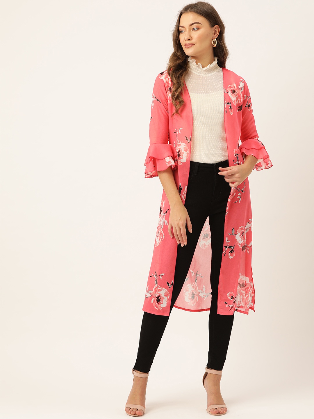 

WISSTLER Women Pink & Black Printed Semi Sheer Open Front Shrug