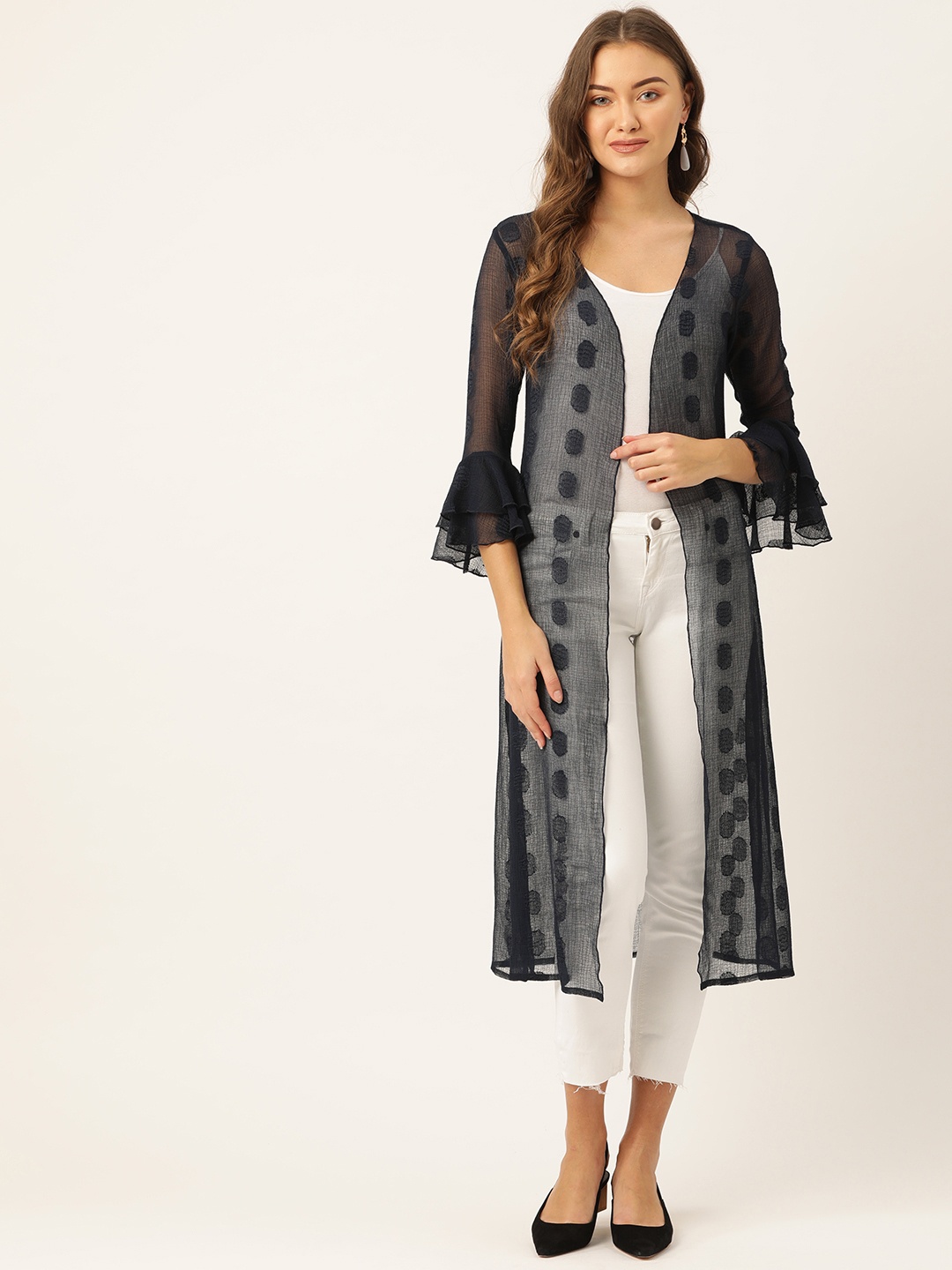 

WISSTLER Women Navy Blue Self Design Semi Sheer Open Front Shrug