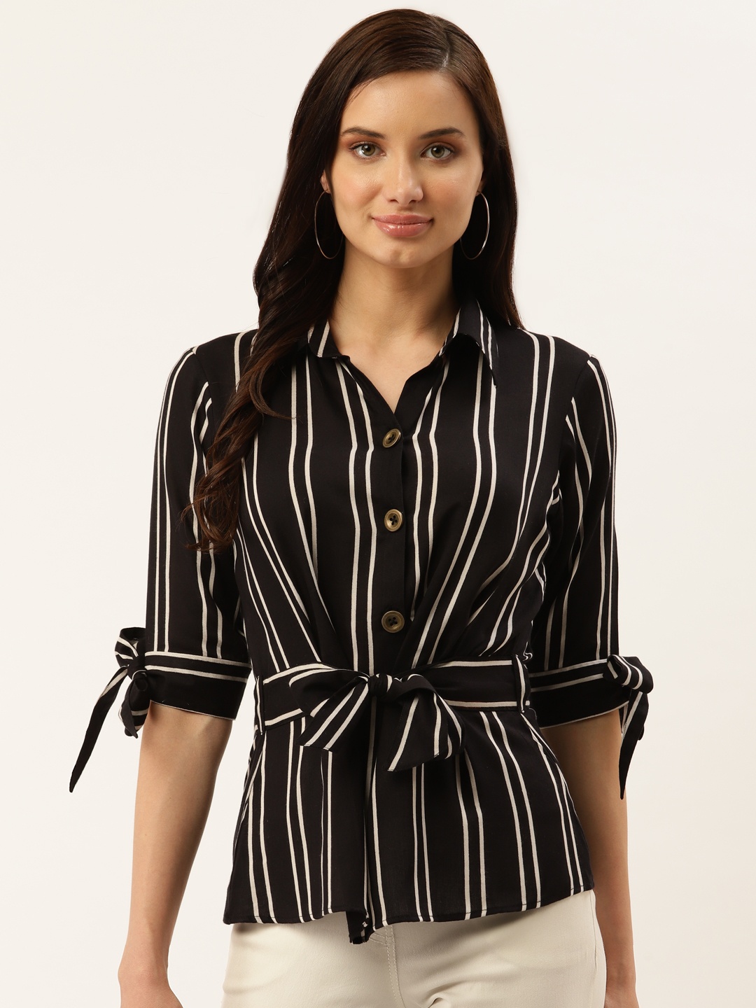 

Taurus Women Black & White Striped Cinched Waist Top