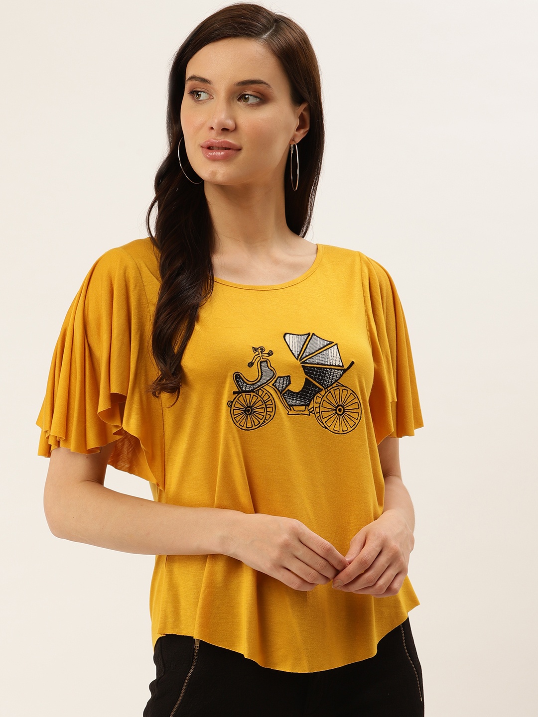 

Taurus Women Mustard Yellow & Black Embroidered Detail Top