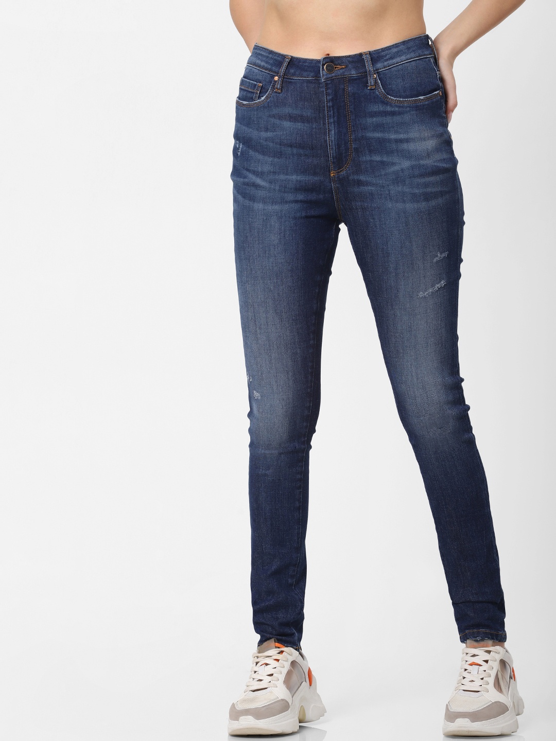 

ONLY Women Blue Skinny Fit Mid-Rise Low Distress Stretchable Jeans