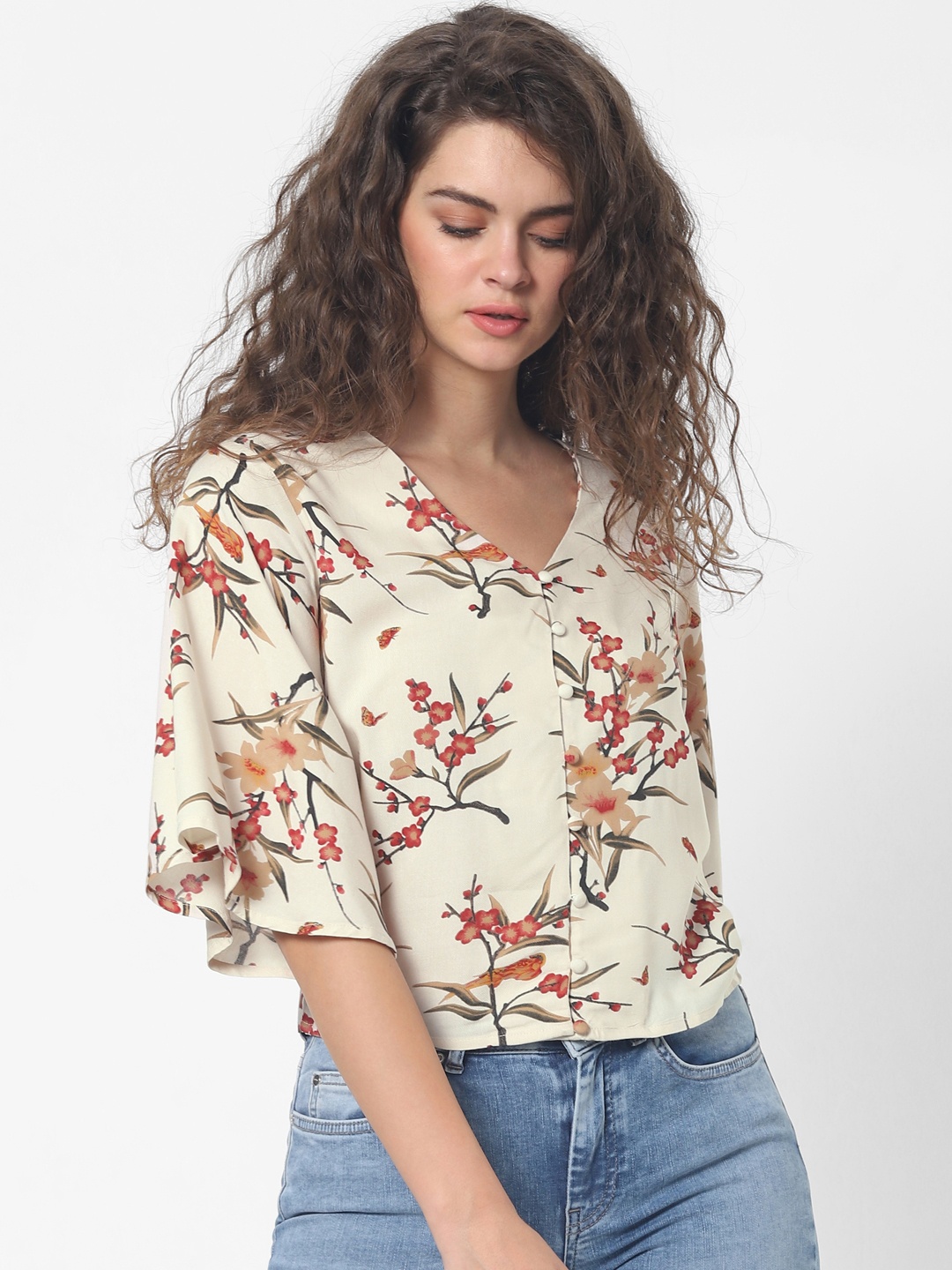 

ONLY Women Off-White & Maroon Floral Print Flared Sleeves Top