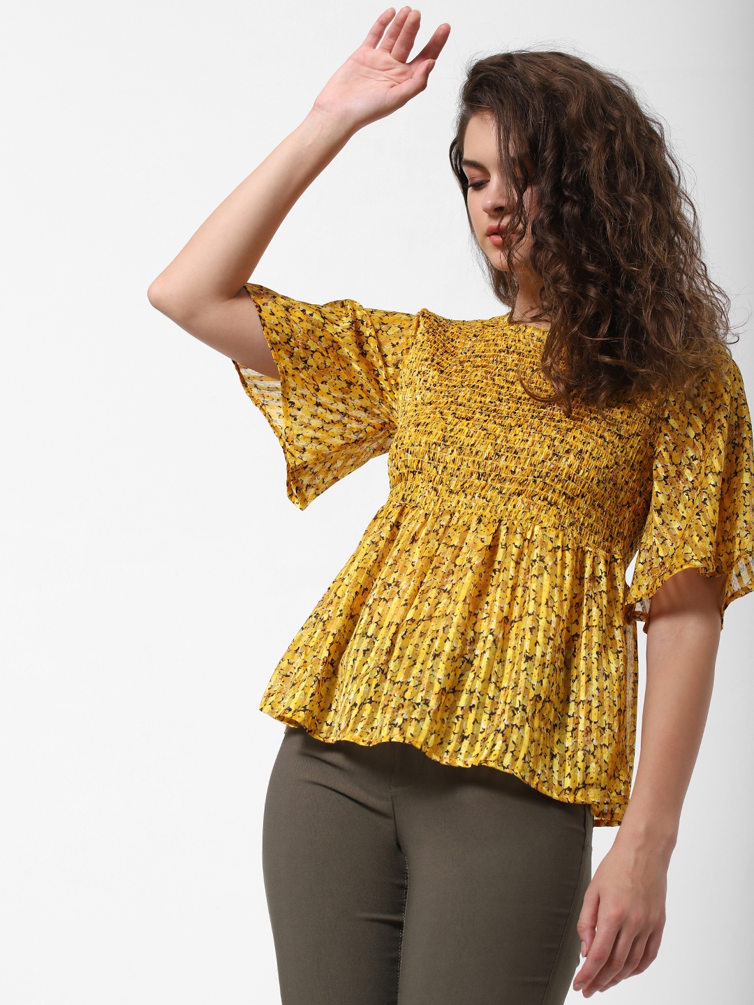 

ONLY Women Mustard Yellow & Black Smocked Printed Empire Top