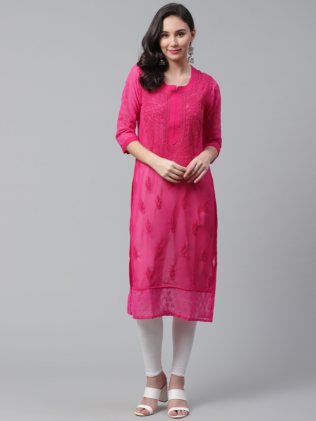 

Saadgi Women Pink Chikankari Embroidered Sheer Straight Kurta