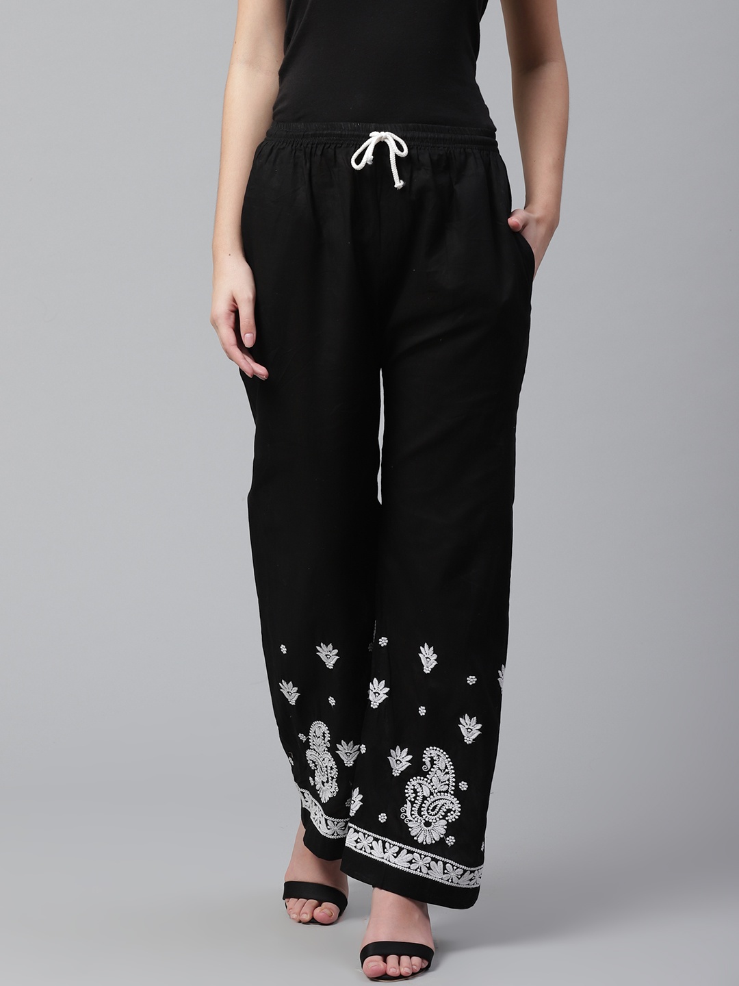 

Saadgi Women Black Chikankari Handwork Palazzos