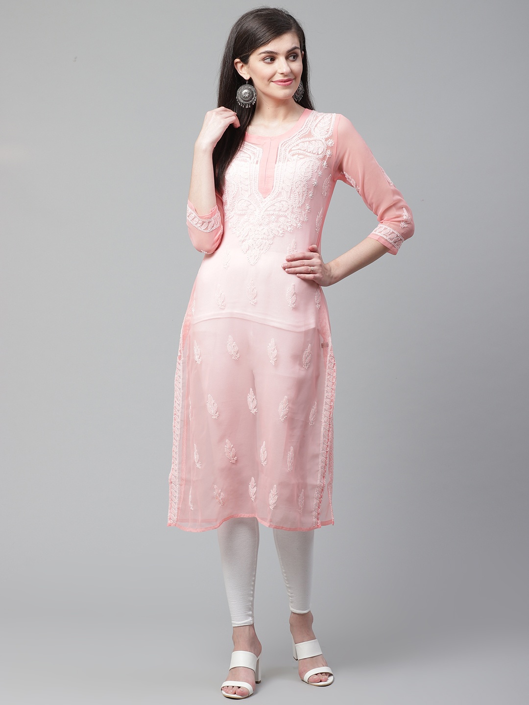 

Saadgi Women Peach-Coloured Chikankari Embroidered Handloom Sheer Straight Kurta