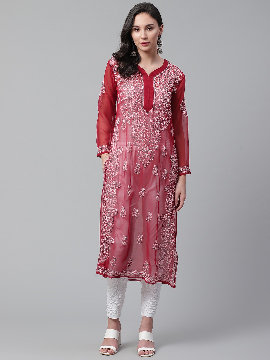 

Saadgi Women Maroon & White Chikankari Embroidered Sheer A-Line Kurta