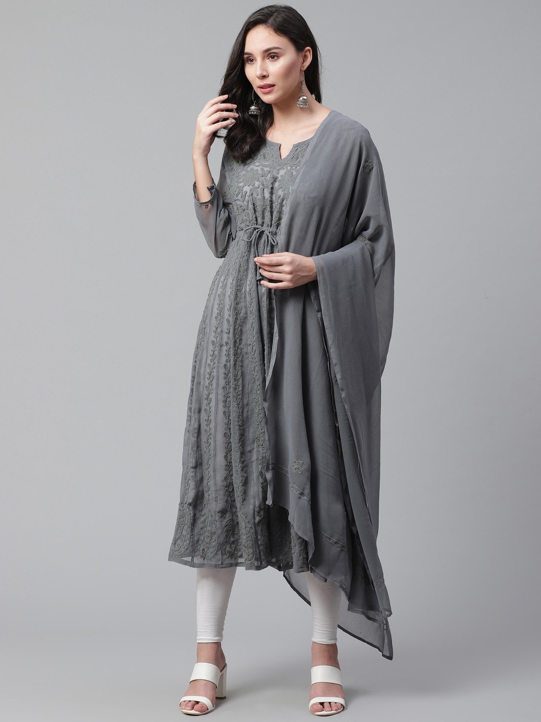 

Saadgi Women Charcoal Grey Chikankari Embroidered Anarkali Kurta With Dupatta