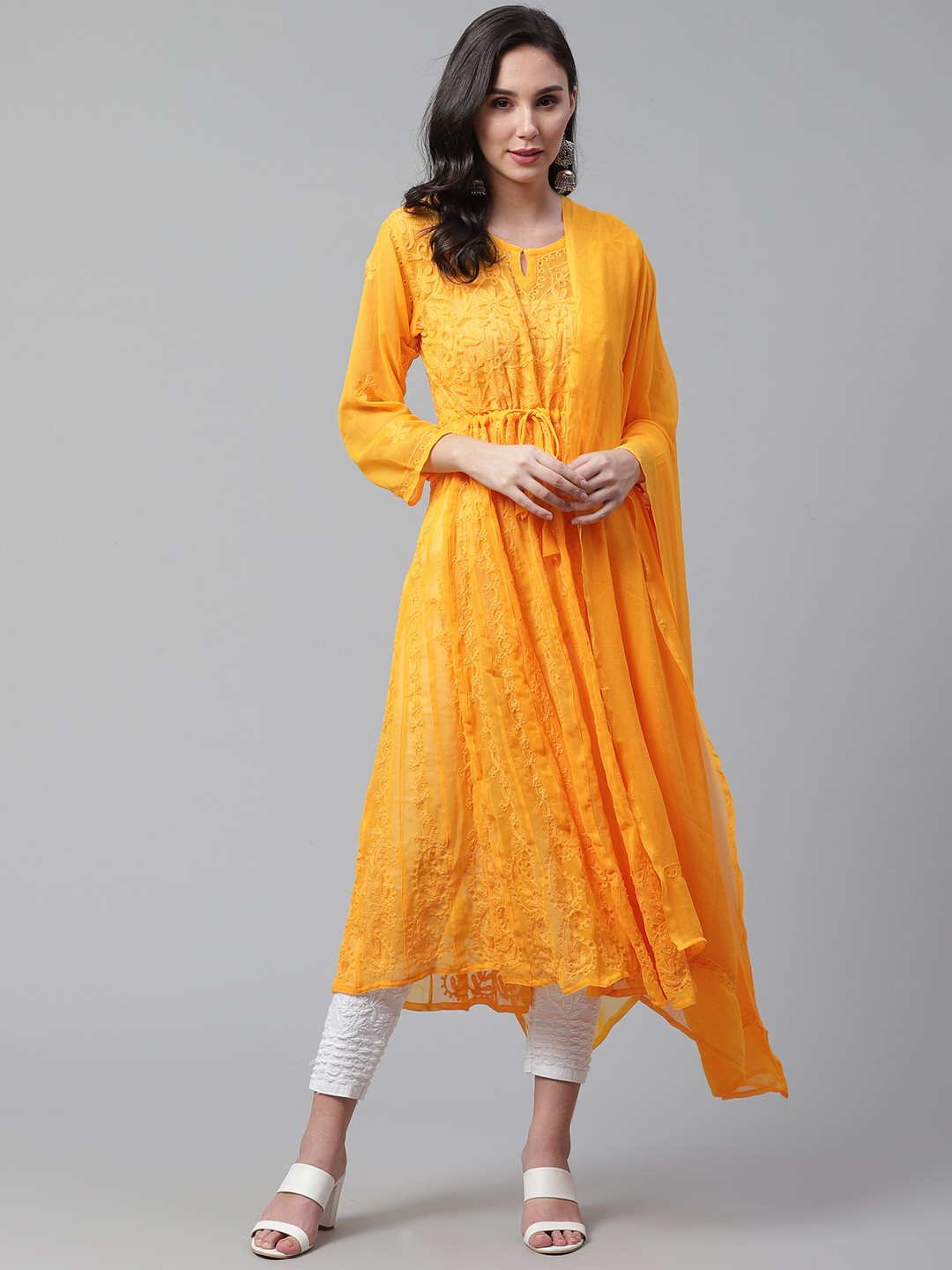 

Saadgi Women Yellow Aari Embroidered Handloom Anarkali Kurta with Dupatta