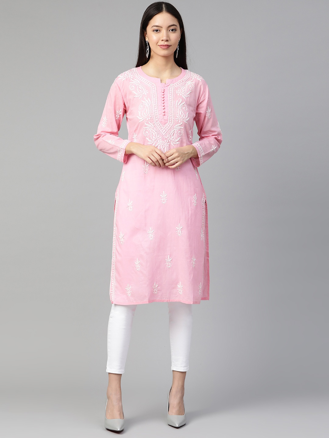 

Saadgi Women Pink & White Chikankari Embroidered Handloom Straight Kurta