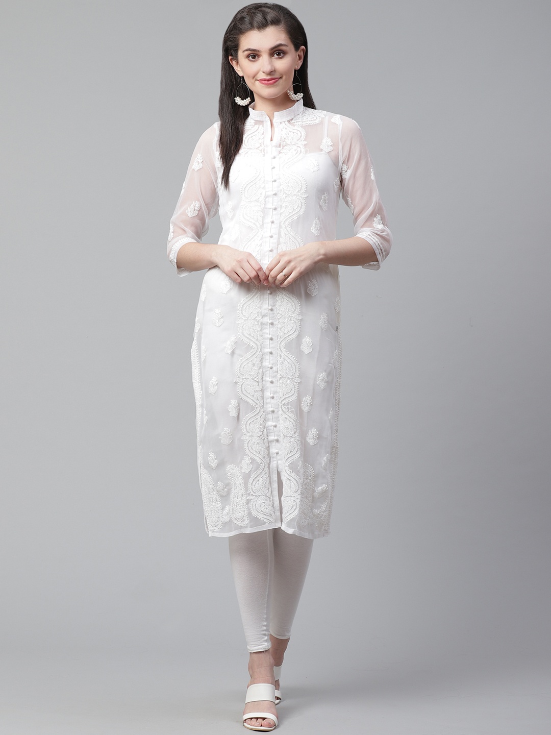 

Saadgi Women White Chikankari Handwork Embroidered Handloom Sheer Straight Kurta