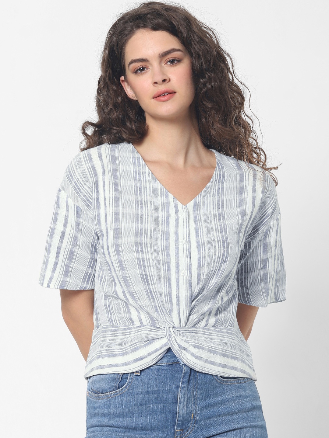 

ONLY Women White & Navy Blue Striped Twisted Detailed Pure Cotton Top