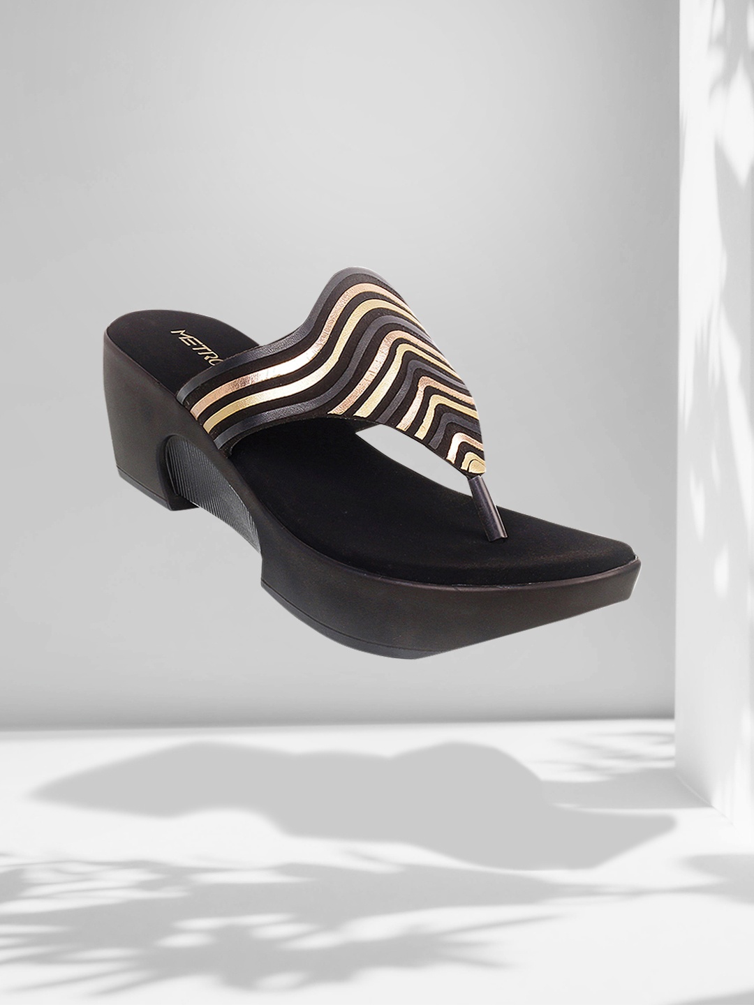 

Metro Women Black & Gold-Toned Striped Heels