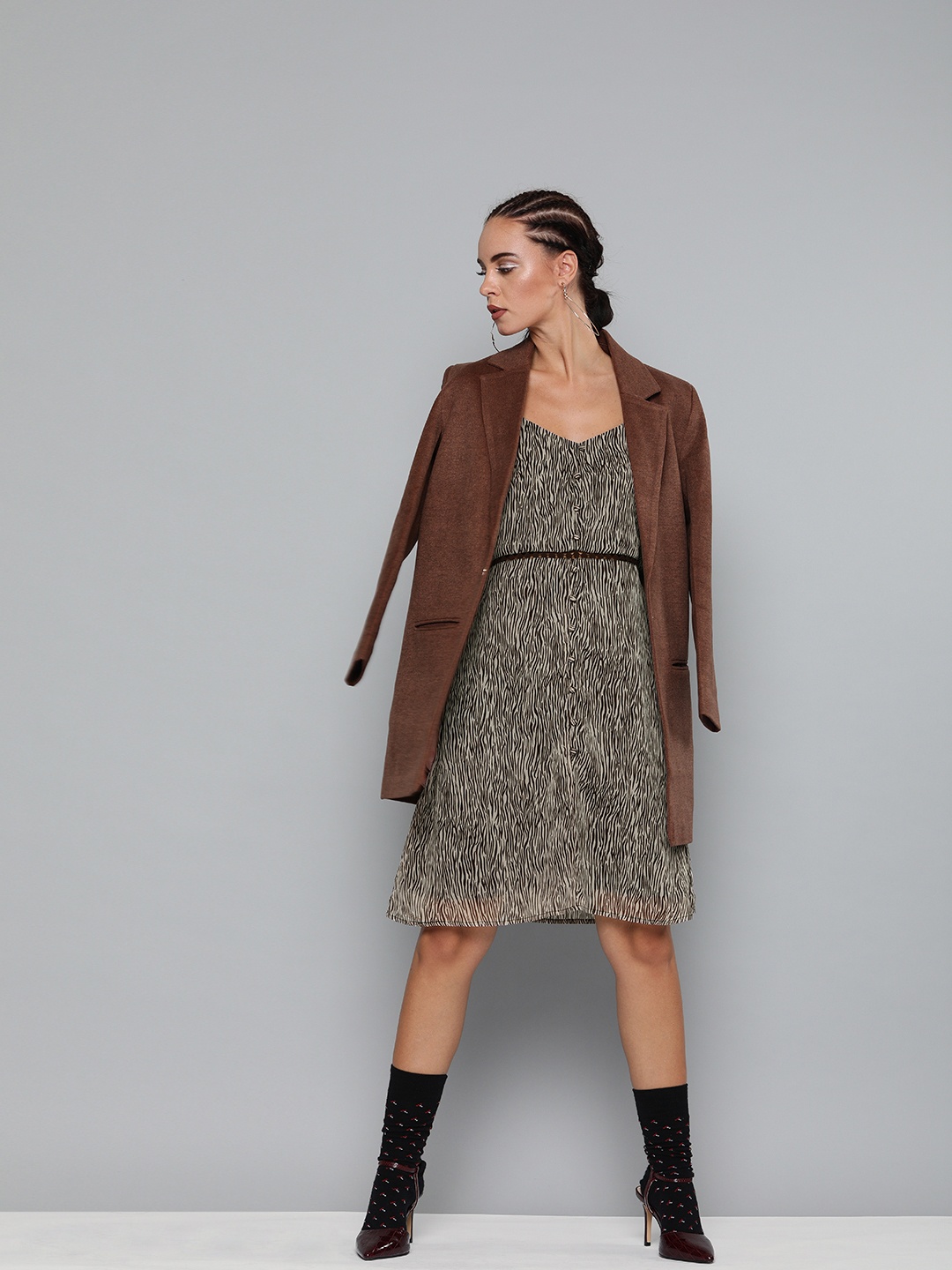 

Carlton London Women Brown & Off-White Zebra Printed A-Line Dress