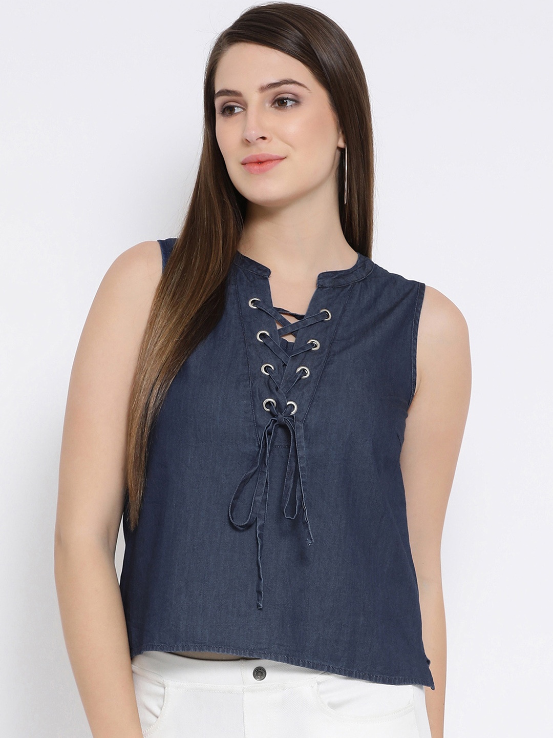 

Oxolloxo Women Navy Blue Solid Denim Pure Cotton Top