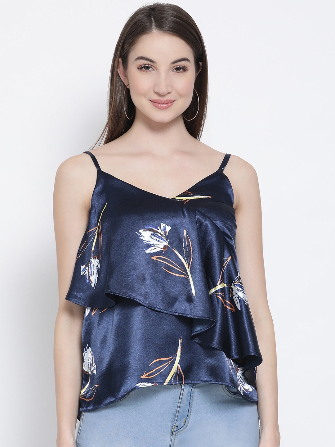 

Oxolloxo Women Navy Blue Printed Tiered Top