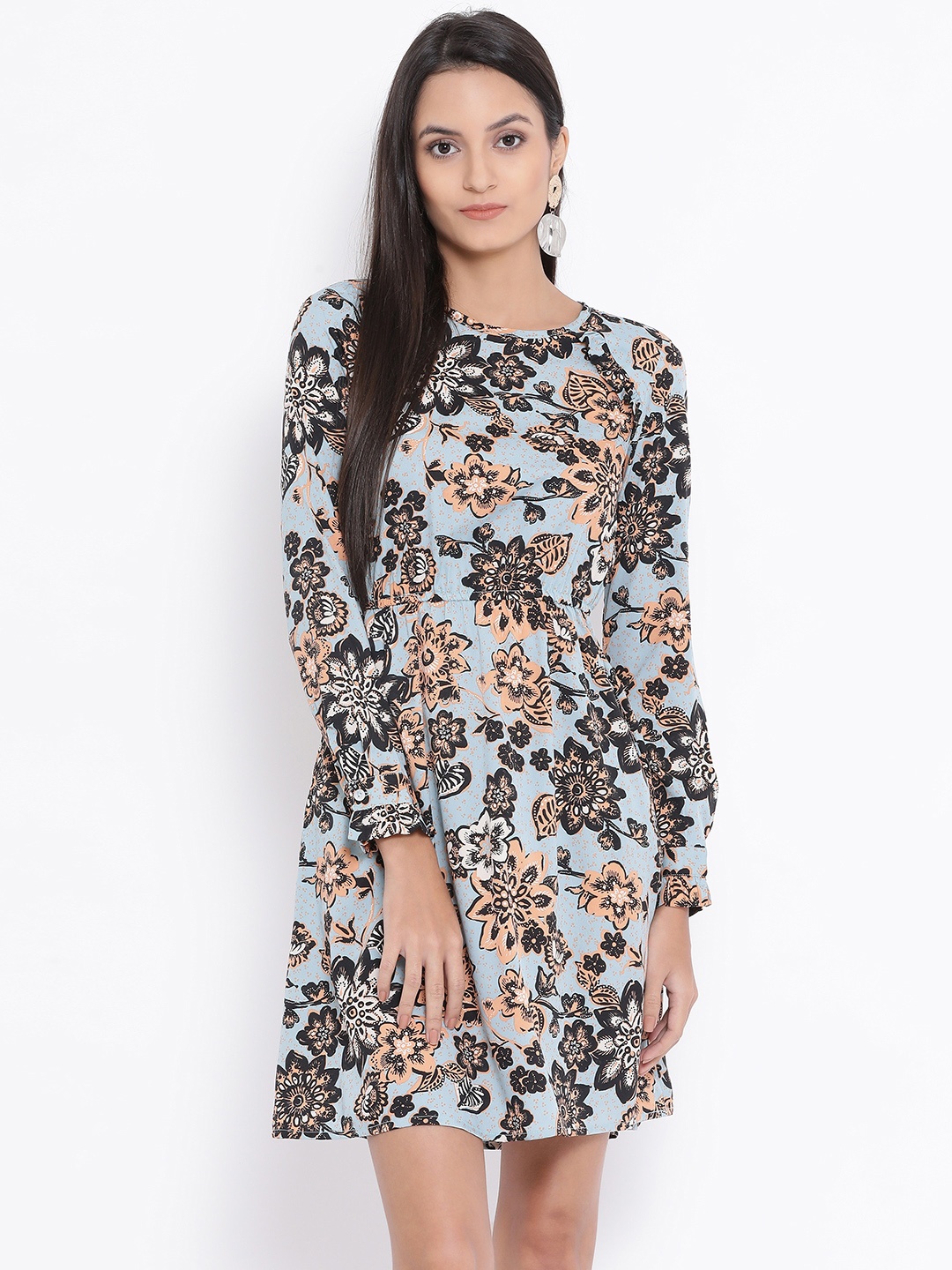 

Oxolloxo Women Blue & Black Printed Fit and Flare Dress