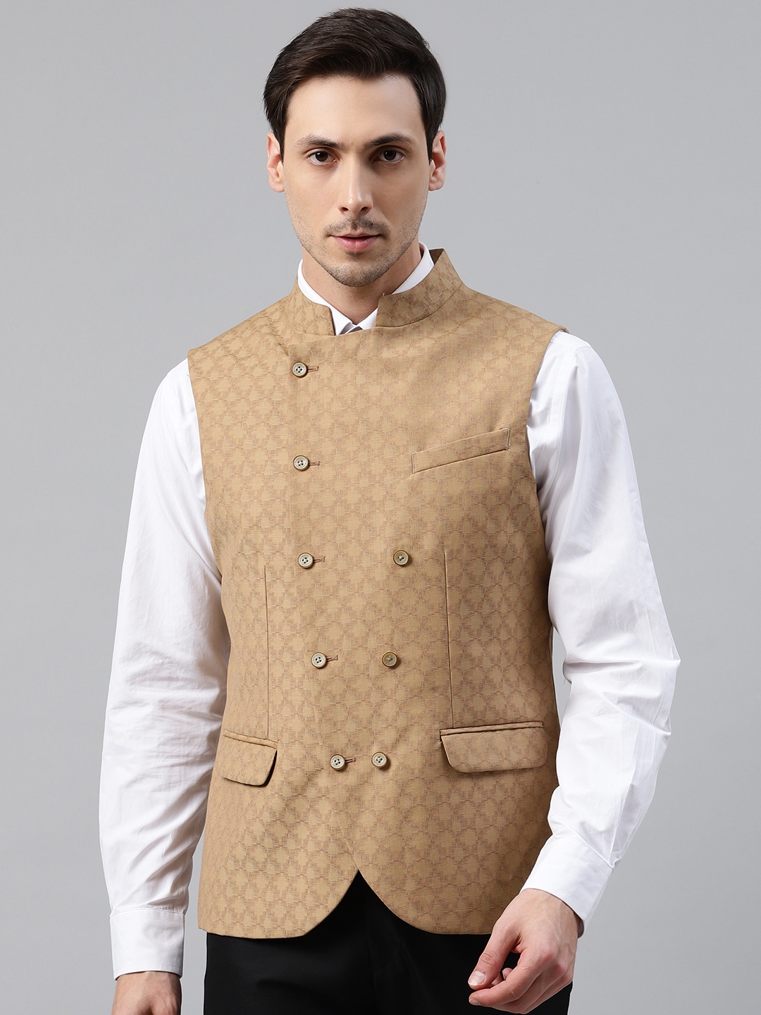 

Blackberrys Men Beige Woven Design Slim Fit Smart Casual Nehru Jacket