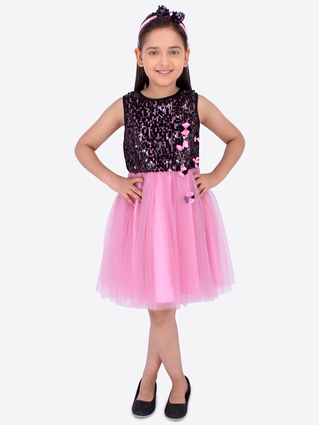 

CUTECUMBER Girls Purple & Black Embellished Fit and Flare Dress