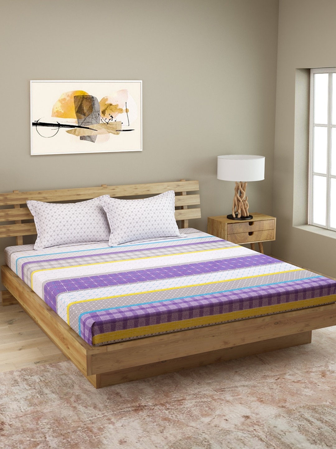 

ROMEE Multicoloured Geometric 144 TC Microfiber Queen Bedsheet with 2 Pillow Covers, Multi