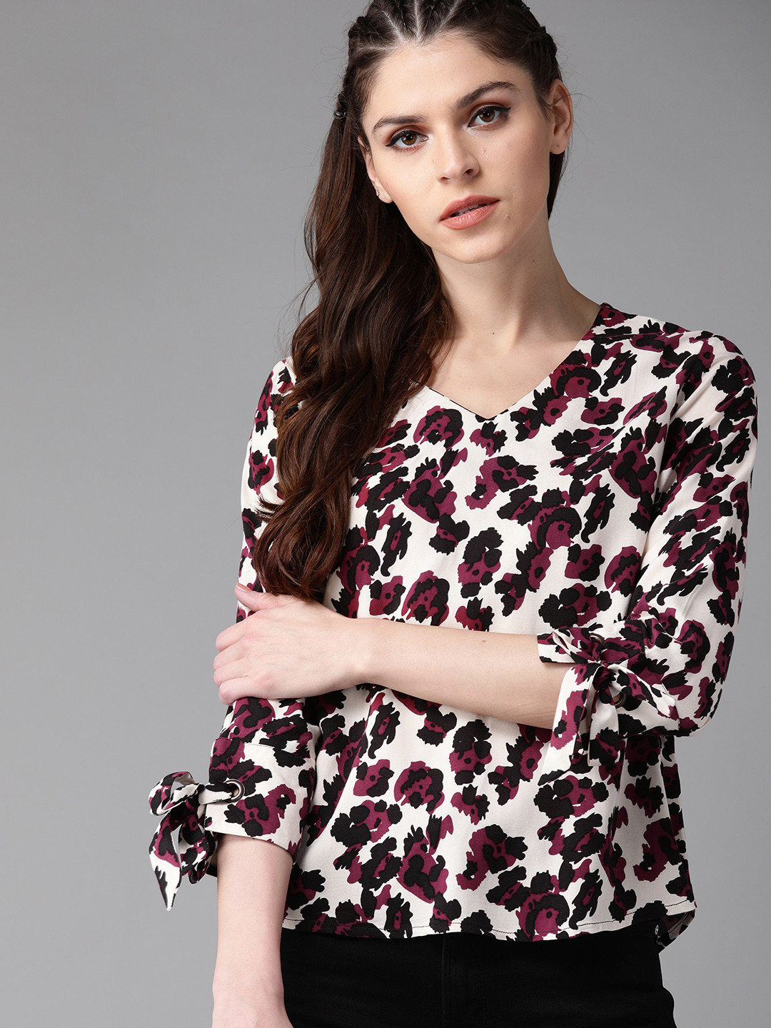 

Roadster Women Off-White & Burgundy Printed Sustainable Top