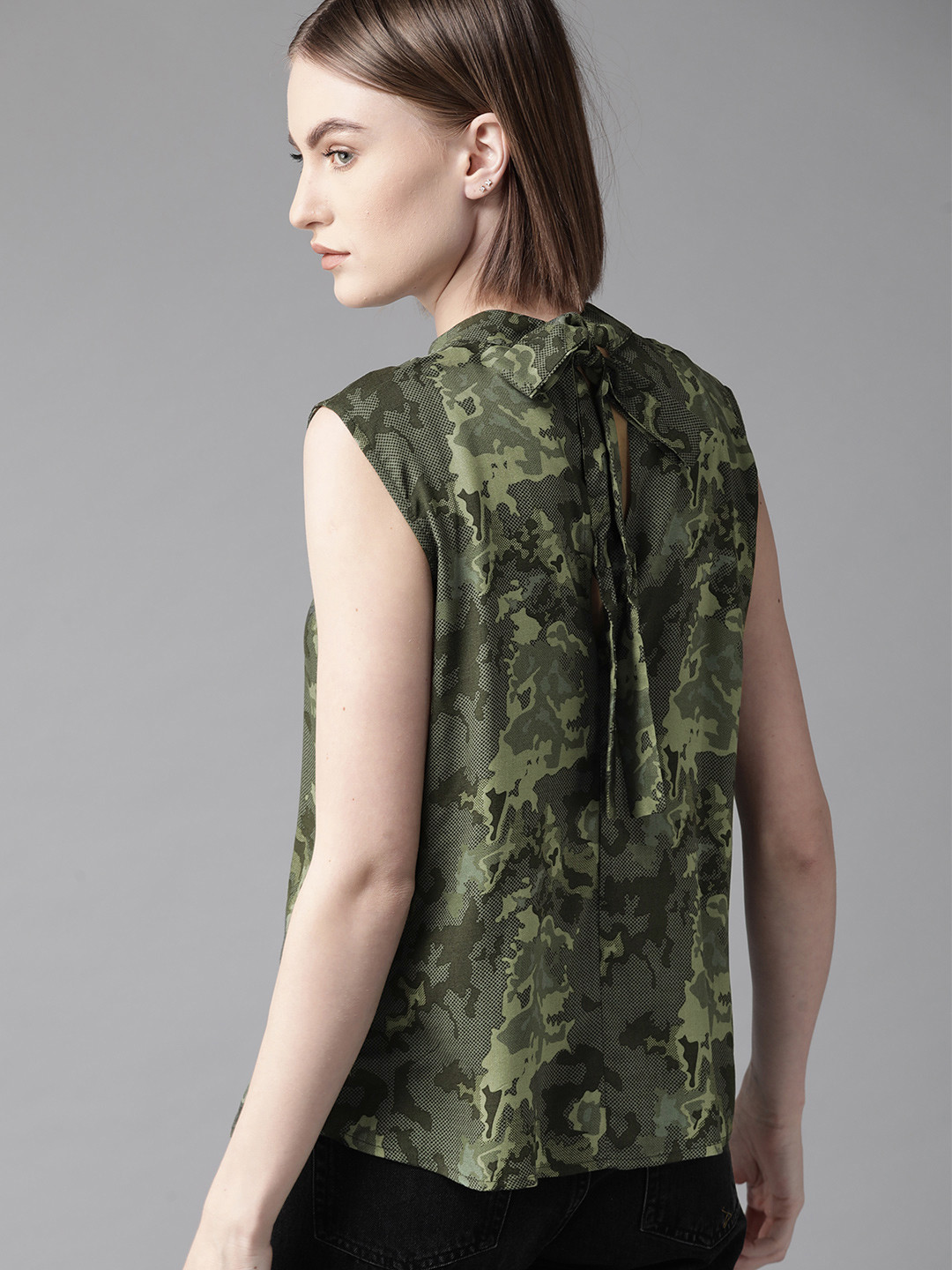 

Roadster Women Green Camouflage Print Style Back Top