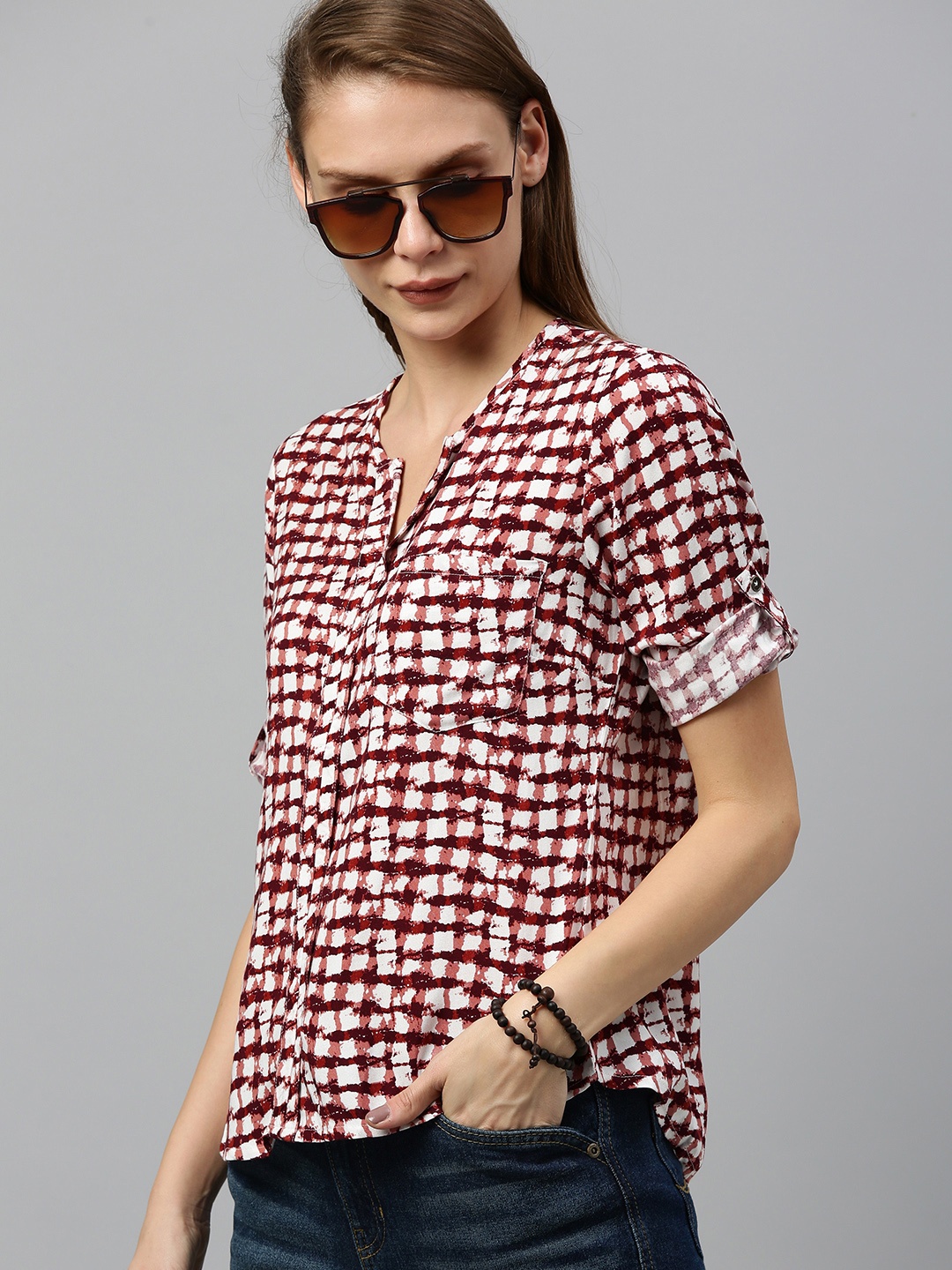 

Roadster Women White & Burgundy Checked Shirt Style Top