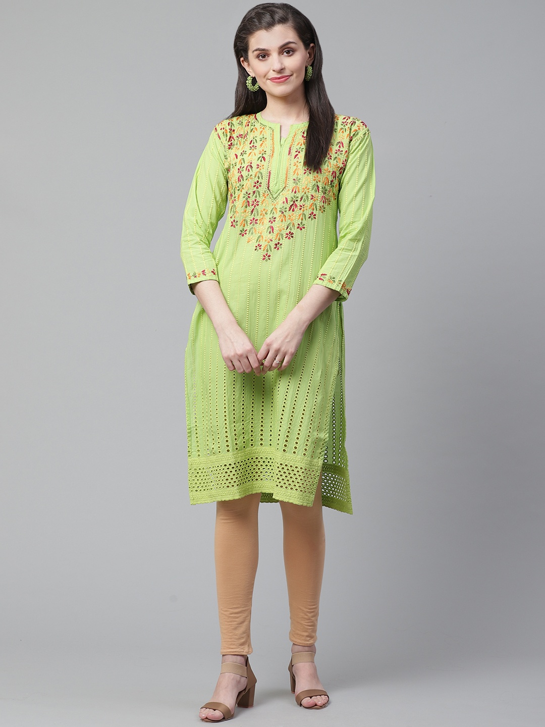 

Saadgi Women Green & Orange Chikankari Embroidered Handloom Straight Kurta