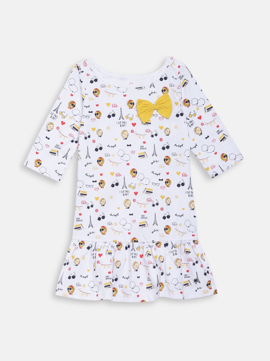 

ELLE Girls White & Blue Printed Drop-Waist Dress