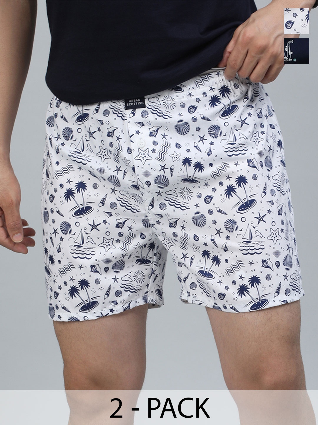 

URBAN SCOTTISH Men Pack of 2 Printed Pure Cotton Boxers USBX2035, Navy blue