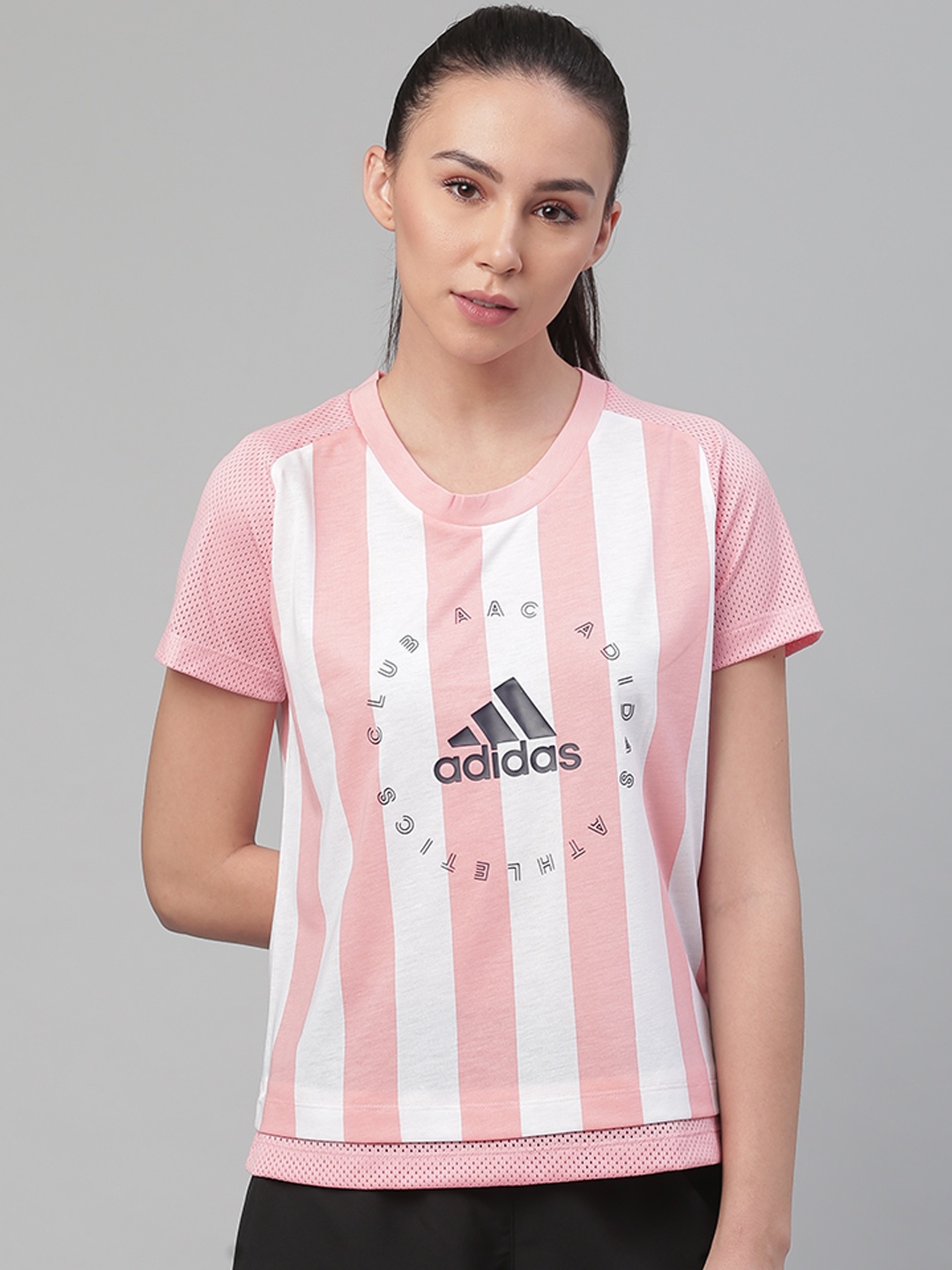 

ADIDAS Women Pink & White Brand Logo Print Slim Fit Athletics T-shirt