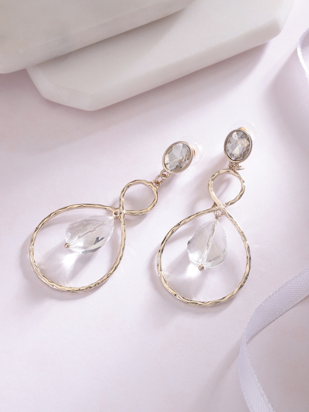 

Forever New Gold-Toned Stone-Studded & Beaded Contemporary Drop Earrings
